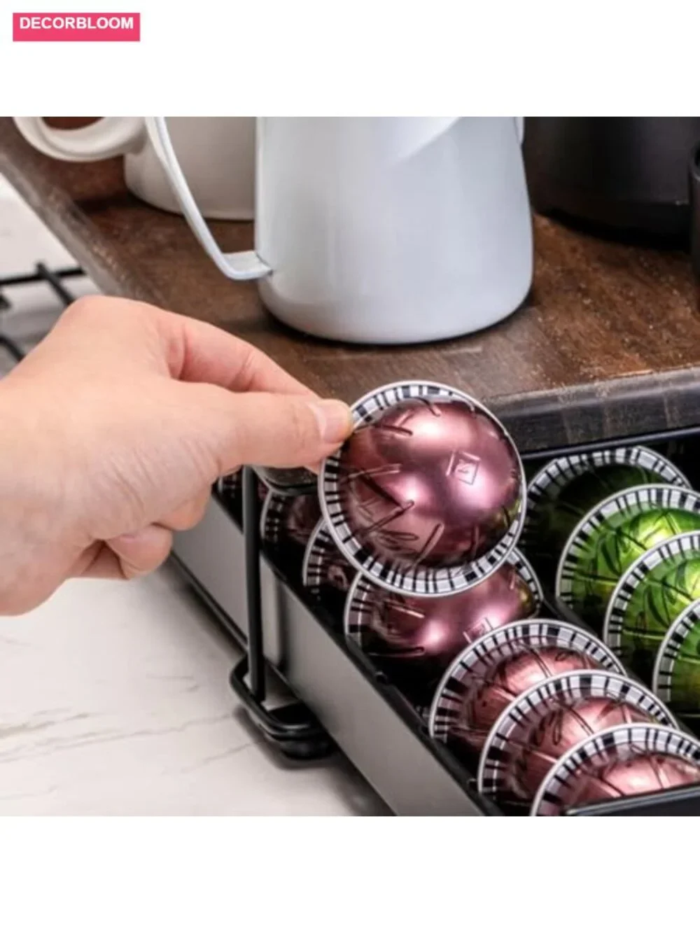 Coffee Pod Drawer Organizer - Holds 40 Pods, Wood Top with Iron Frame